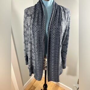 LILA ROSE dressy/ casual light cardigan boho pattern navy and white